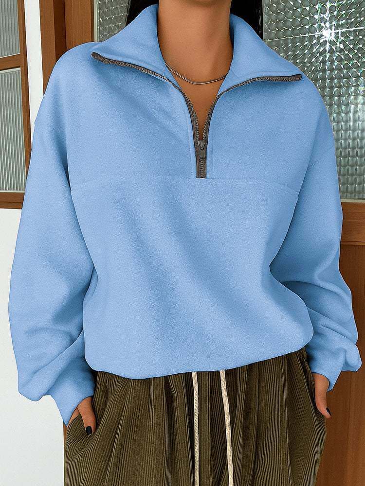 Trendy Long Sleeve Zipper Pullover Lapel Sweater for work or outings