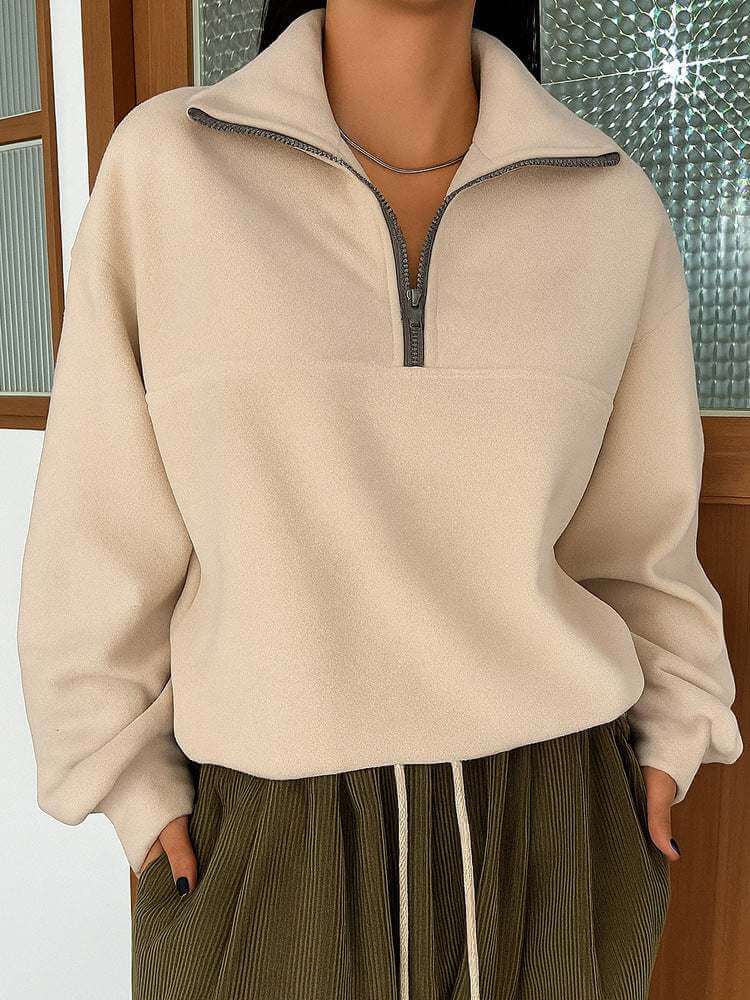 Cozy Long Sleeve Zipper Pullover Lapel Sweater with lapel collar