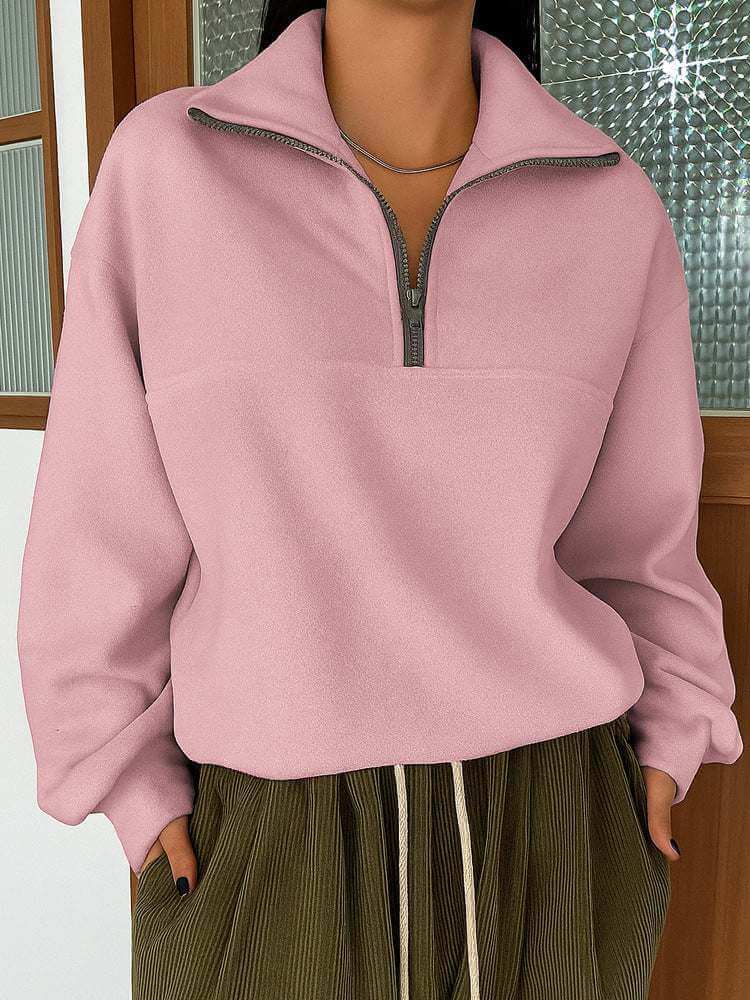 Long Sleeve Zipper Pullover Lapel Sweater paired with jeans