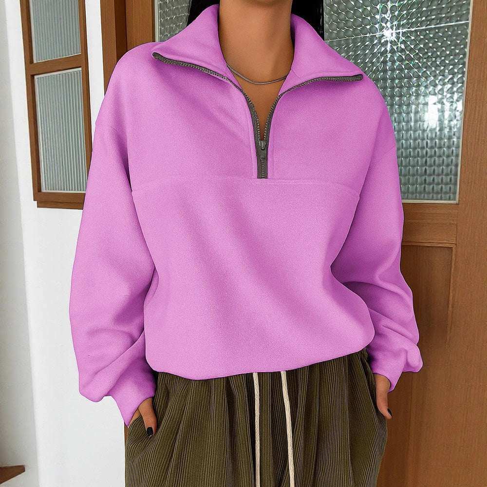 Fashionable Long Sleeve Zipper Pullover Lapel Sweater with zipper detail