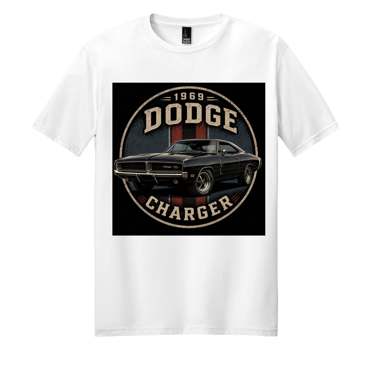 District DM108 blend cotton t-shirt featuring a vintage 1969 Dodge Charger design on a white tee.