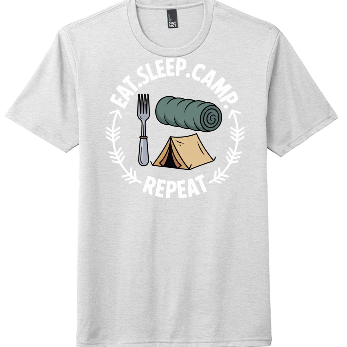 eat sleep camp repeat graphic t-shirt featuring camping icons on a light gray background.