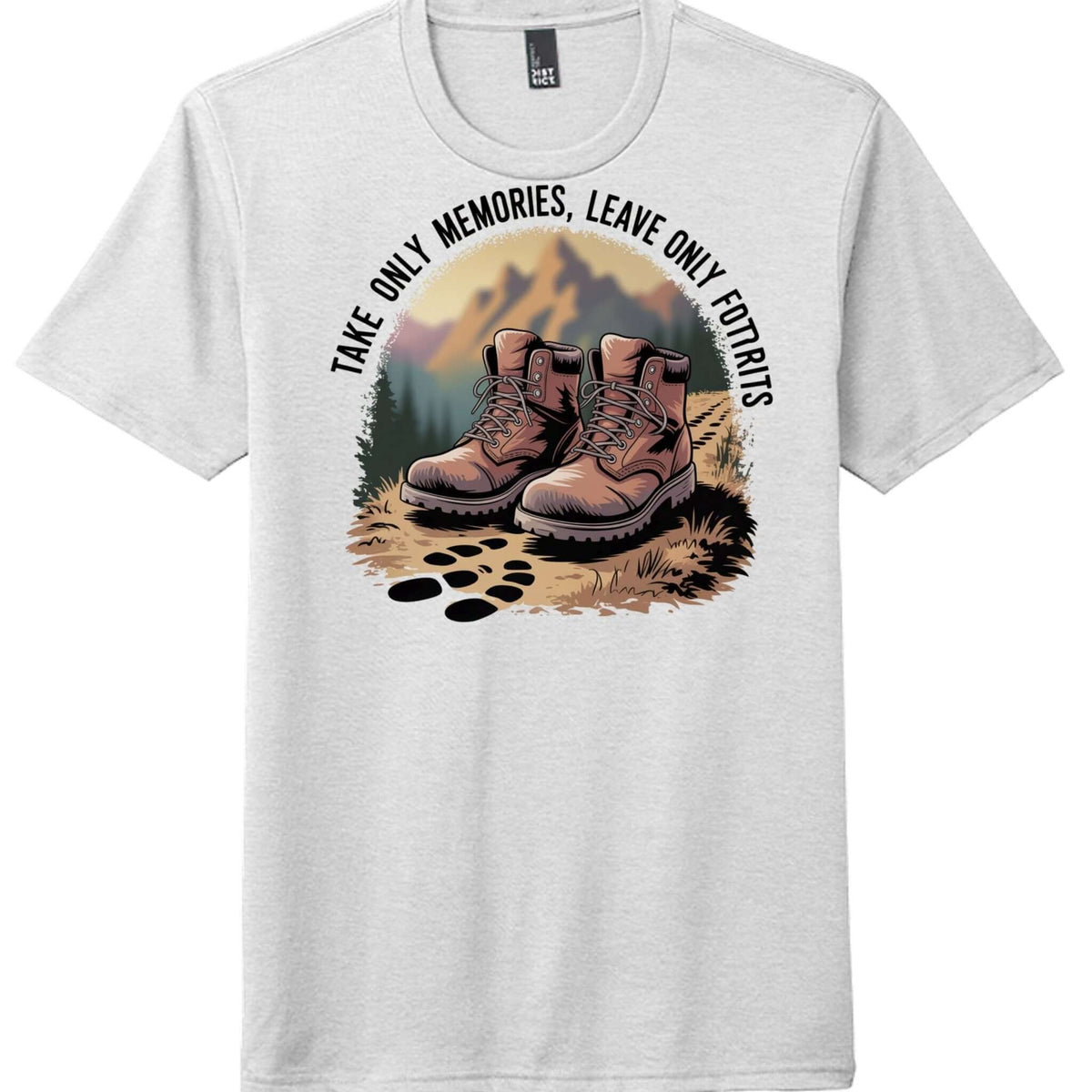 District DM130 Perfect Tri Tee featuring a graphic of hiking boots with the phrase 'Take only memories, leave only footprints'.