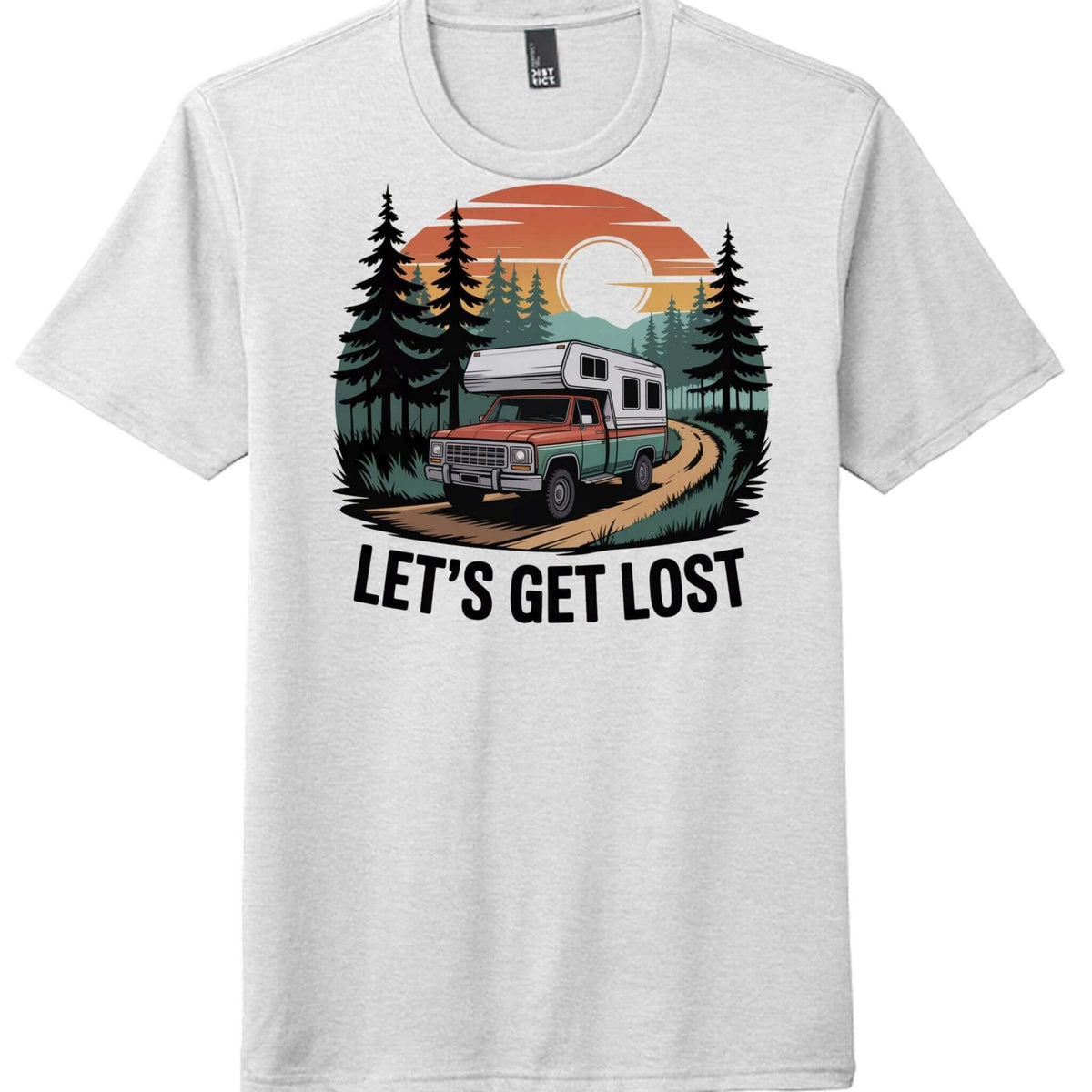 District DM130 Perfect Tri Tee for men in white featuring 'LET'S GET LOST' graphic with an RV and forest scene.