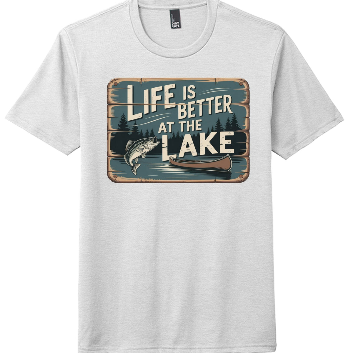 Life better at the Lake graphic on a white lake life t-shirt, perfect for outdoor enthusiasts.