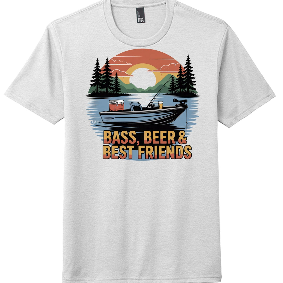 Bass beer graphic tee featuring boat and sunset design on a light gray shirt.
