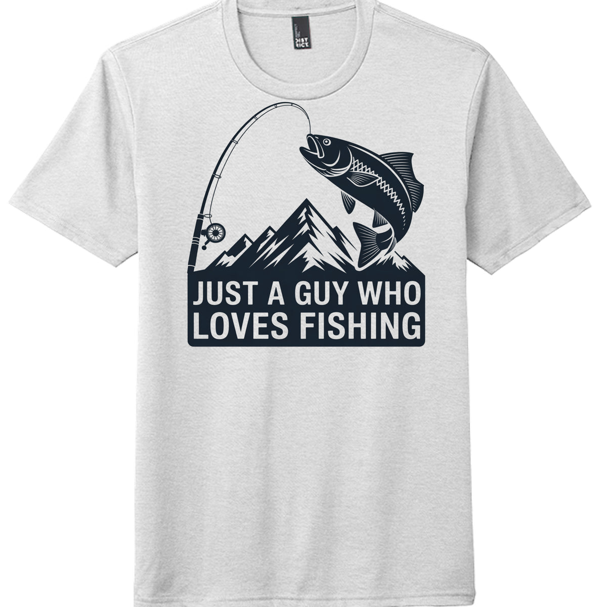 Fishing themed tri-blend t-shirt featuring a fishing design with mountains and the phrase 'Just a guy who loves fishing'. Color: gray.