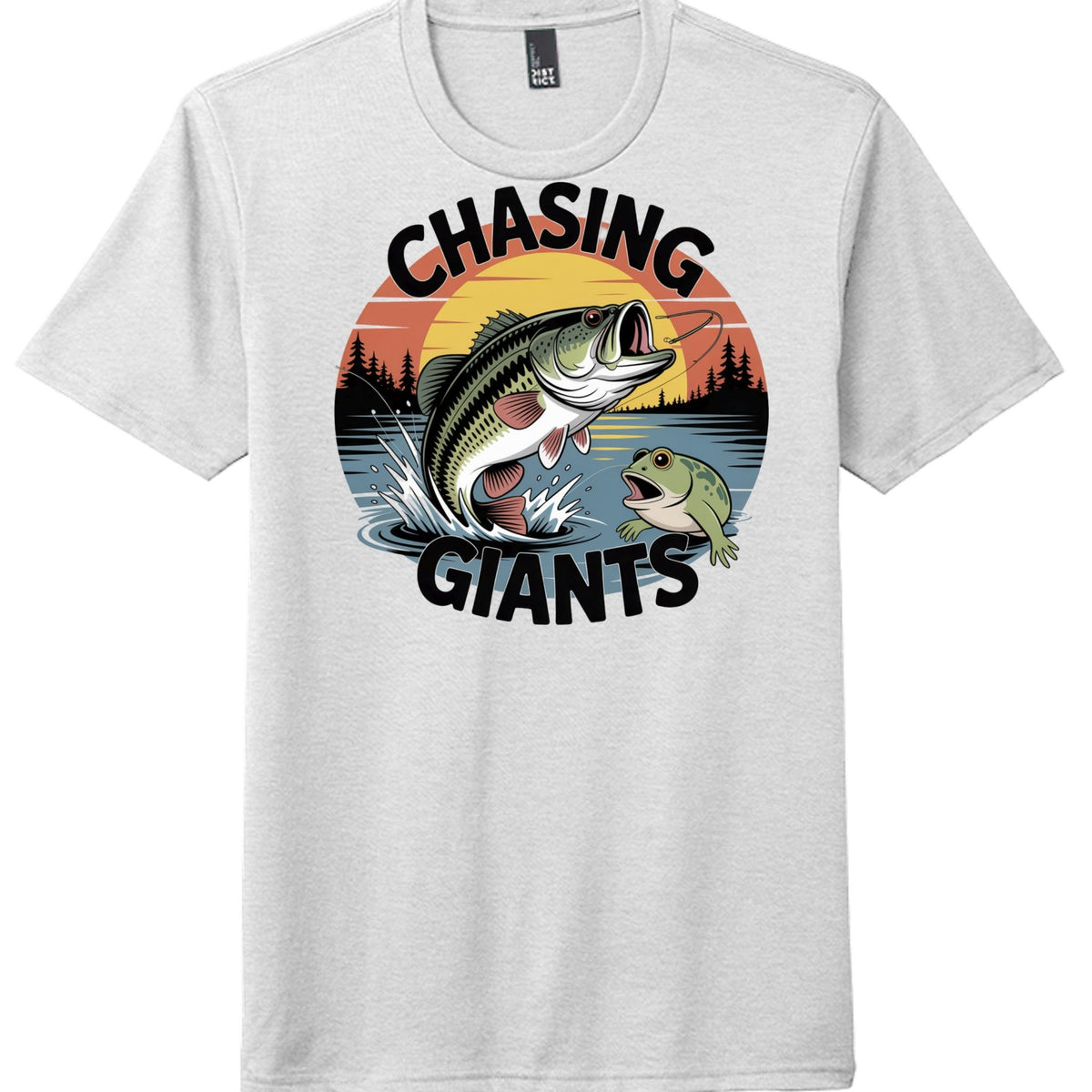 Chasing Giants design on District DM130 Perfect Tri Tee in white featuring a bass and frog graphic.