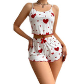 Heart Print Suspender Shorts Casual Striped Outerwear Women&
