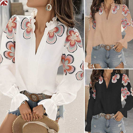 Puff Sleeve Ruffled Printed Solid Color Blouse in casual style