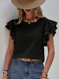Ruffle Cap Sleeve Blouse for Women in black with stylish ruffle sleeves, perfect for work and everyday wear.
