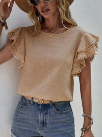 Ruffle Cap Sleeve Blouse for Women in beige with stylish ruffle sleeves, perfect for work and everyday wear.