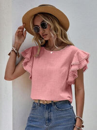 Ruffle Cap Sleeve Blouse for Women in pink with ruffle cap sleeves, perfect for work or casual outings.