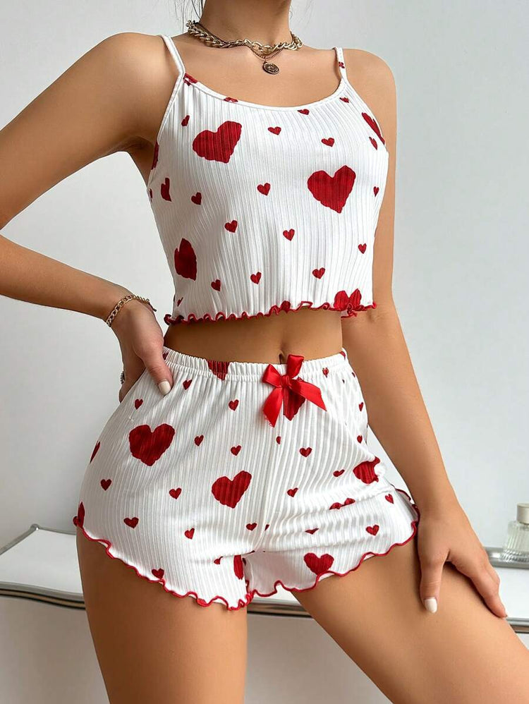 Heart Print Suspender Shorts Casual Striped Outerwear Women&