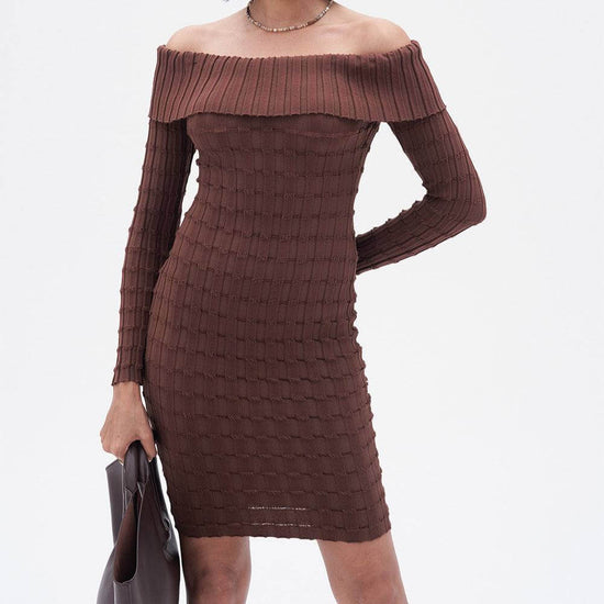 Women wearing Cold-Shoulder Bodycon Knitted Dress in black