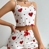 Heart Print Suspender Shorts Casual Striped Outerwear Women&