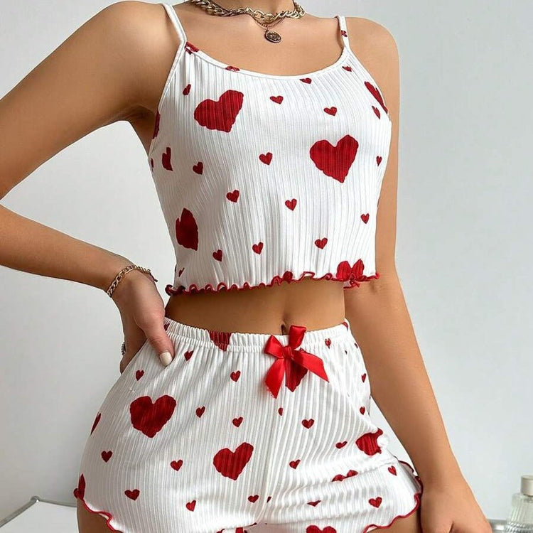 Heart Print Suspender Shorts Casual Striped Outerwear Women&