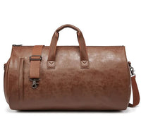Waterproof leather duffle bag in brown color with adjustable strap, ideal for travel and everyday use.
