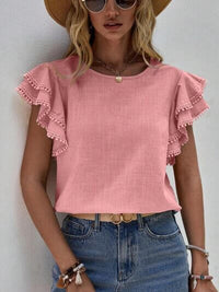 Ruffle Cap Sleeve Blouse for Women in pink with stylish ruffle cap sleeves, perfect for work and casual outings.