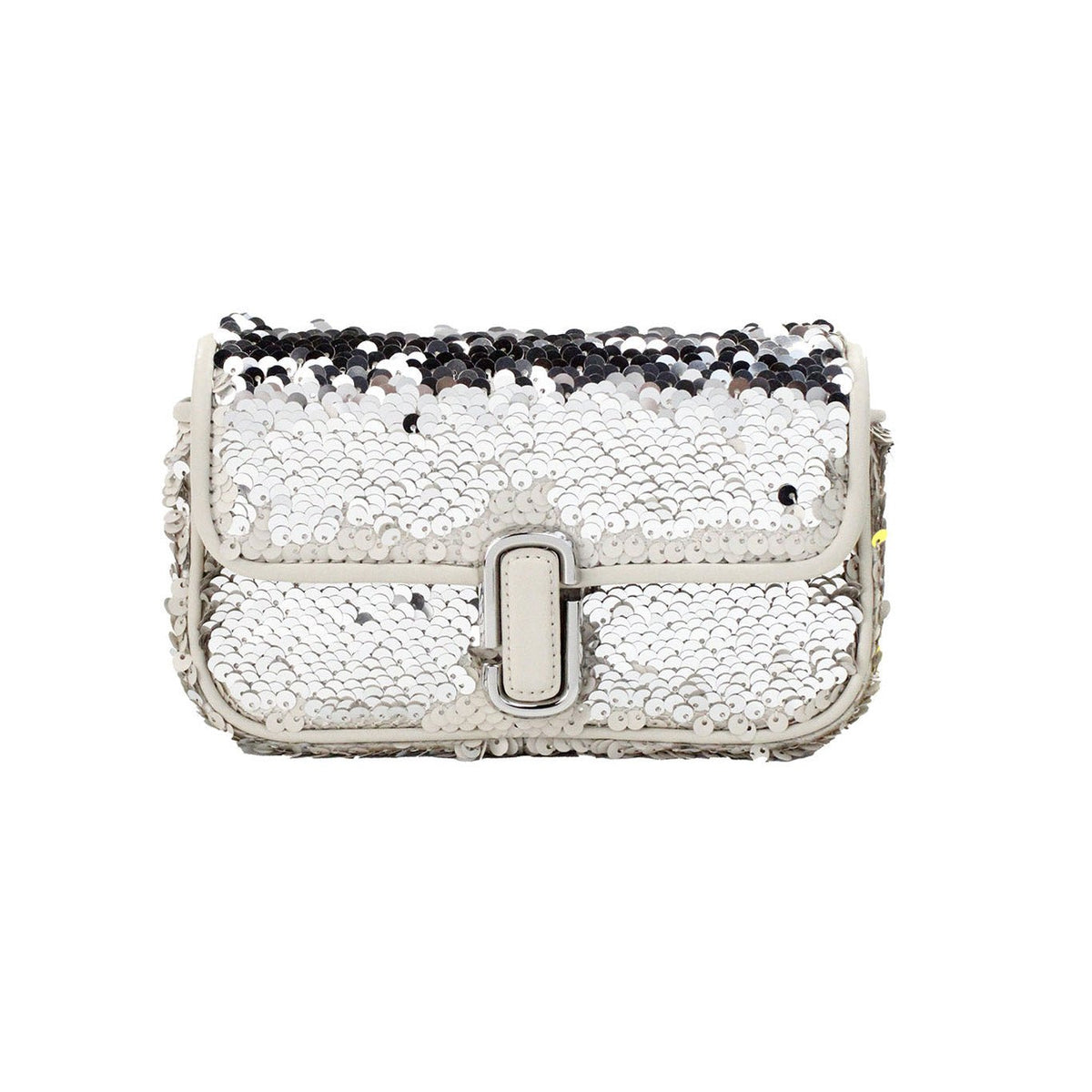 Marc Jacobs mini sequined shoulder bag in cream with silver sequins and magnetic closure.