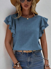 Ruffle Cap Sleeve Blouse for Women in blue, featuring stylish ruffle cap sleeves, perfect for work or casual outings.