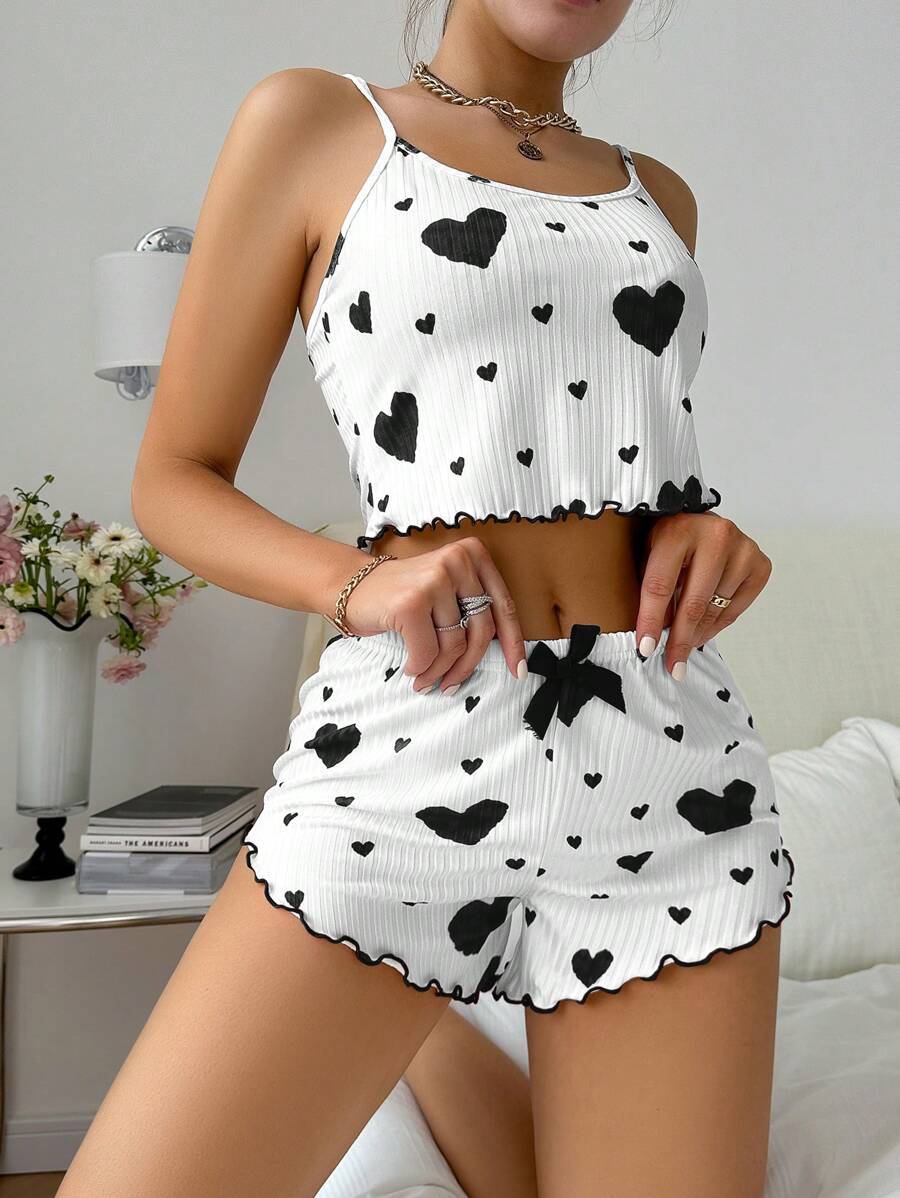 Heart Print Suspender Shorts Casual Striped Outerwear Women&