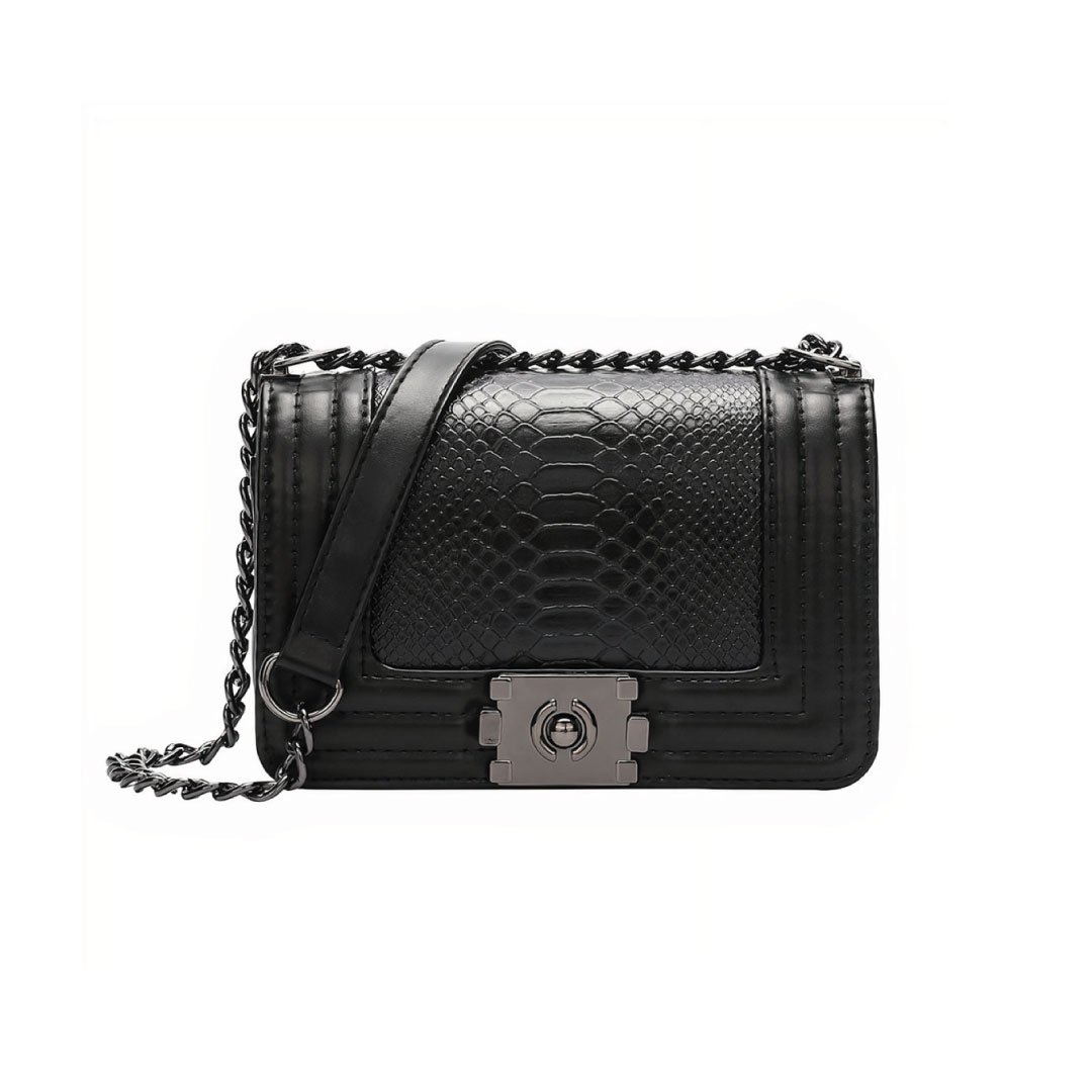 Stylish Bertha shoulder bag made of python-textured vegan leather with chain detail and unique gunmetal closure.