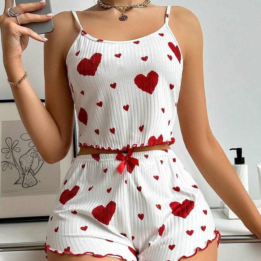 Heart Print Suspender Shorts Casual Striped Outerwear Women&