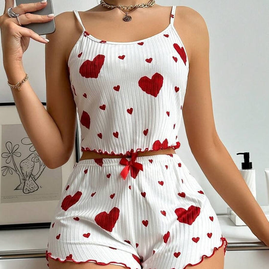 Heart Print Suspender Shorts Casual Striped Outerwear Women&