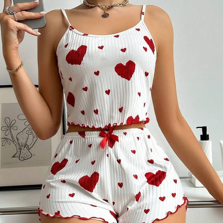 Heart Print Suspender Shorts Casual Striped Outerwear Women&