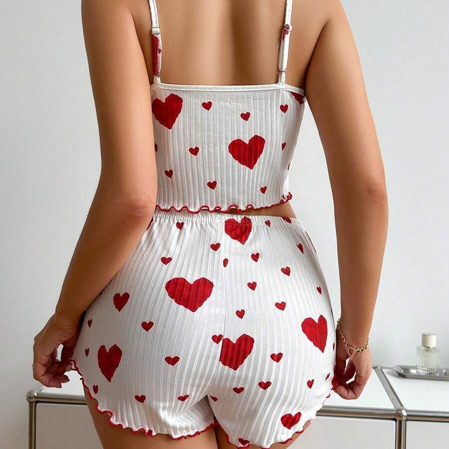 Heart Print Suspender Shorts Casual Striped Outerwear Women&
