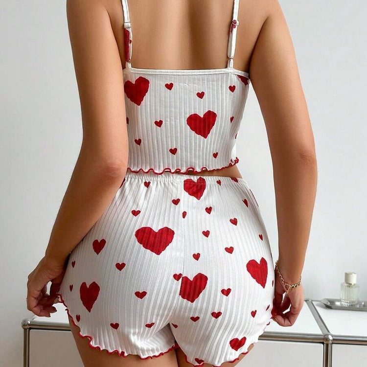 Heart Print Suspender Shorts Casual Striped Outerwear Women&