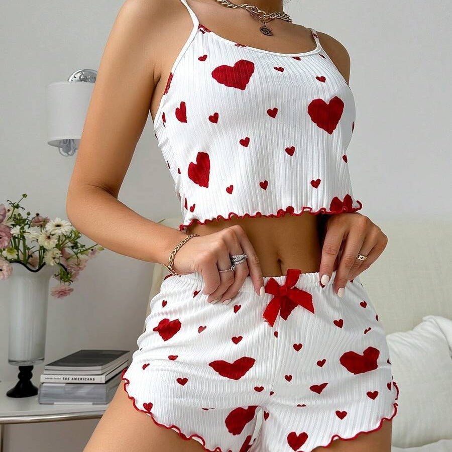 Heart Print Suspender Shorts Casual Striped Outerwear Women&