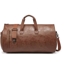 Waterproof Leather Duffle Bag With Adjustable Strap in brown, showcasing its spacious design and durable material.