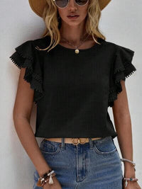 Ruffle Cap Sleeve Blouse for Women in black with ruffle cap sleeves, perfect for work and casual outings.