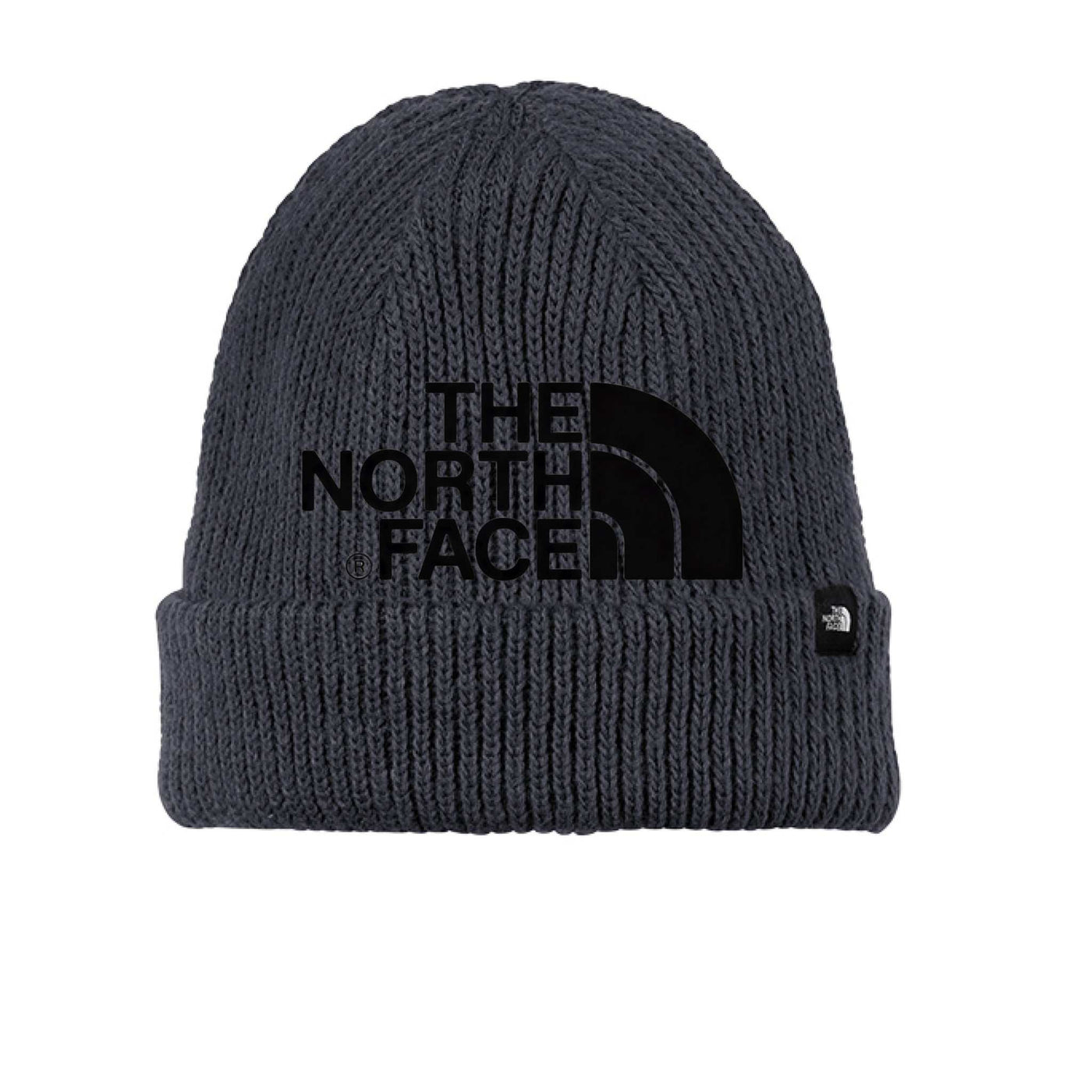 Black North Face Toboggan beanie with rib knit, adjustable cuff, fleece lining, and logo label