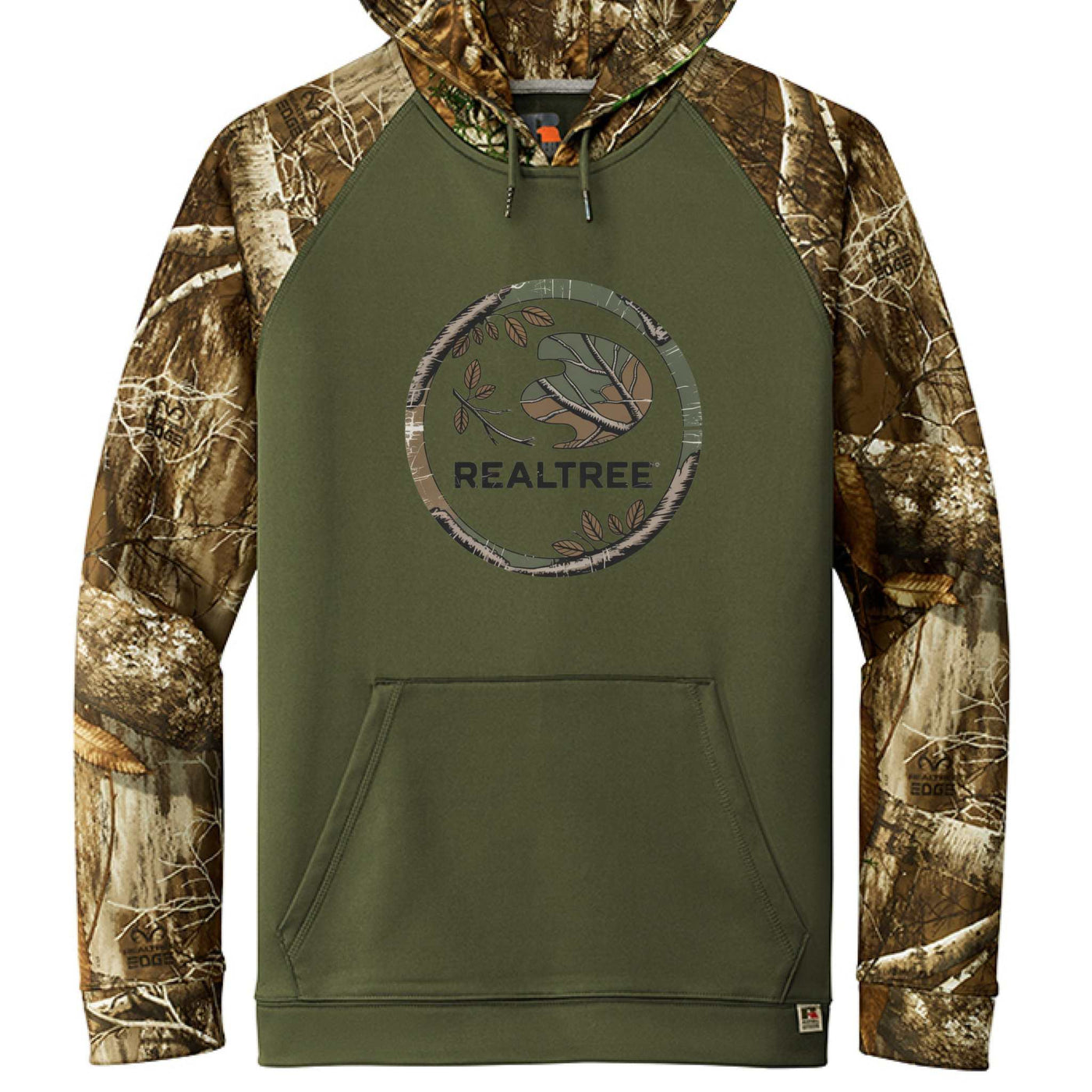 Russell Outdoors Realtree camo print pullover hoodie with moisture-wicking fabric and front pouch pocket