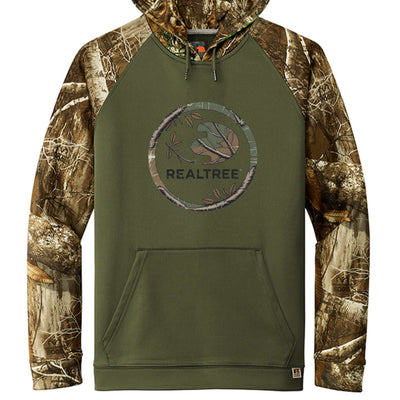 Russell Outdoors Realtree camo print pullover hoodie with moisture-wicking fabric and front pouch pocket