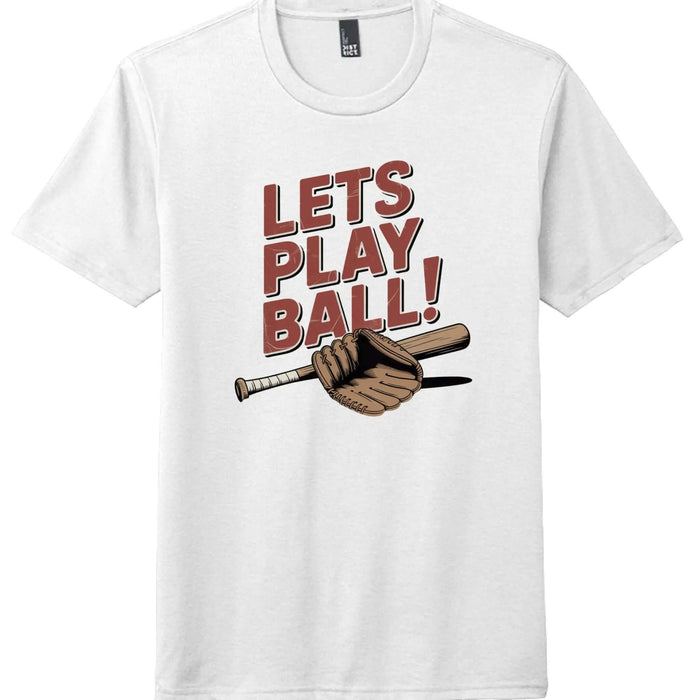 Let’s Play Ball shirt featuring a graphic of a glove and bat, perfect for sports fans showing team spirit.