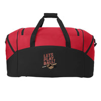 Durable sports gear bag featuring a red and black design with a playful 'Let's Play Ball!' graphic.