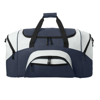 Durable sports gear bag in navy and white, featuring multiple compartments for organization.