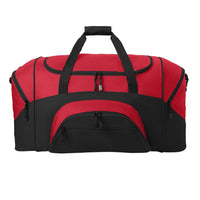 Durable sports gear bag in red and black color with multiple compartments for easy organization.