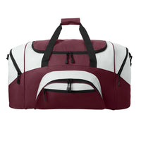 durable sports gear bag - Port Authority BG99 Standard Colorblock Sport Duffel in burgundy and white.