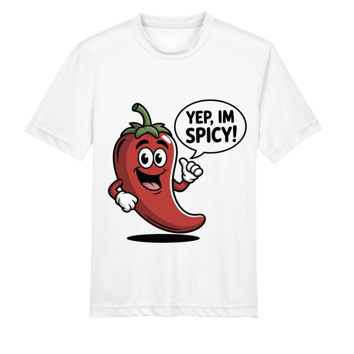 Funny jalapeño pepper t-shirt featuring a cheerful red pepper graphic with the text 'Yep, I'm Spicy!' on a white shirt.
