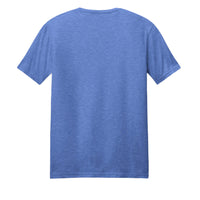 Back view of a blue vintage flag tee shirt, featuring a soft blend of cotton and poly fabric.