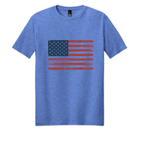 Vintage flag tee shirt in heathered royal color featuring distressed American flag design.