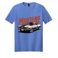 Mustang Classic t-shirt in Heathered Royal featuring vintage Mustang graphic on front.