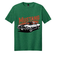 Mustang classic t-shirt in Heathered Kelly Green featuring vintage Mustang car graphic.