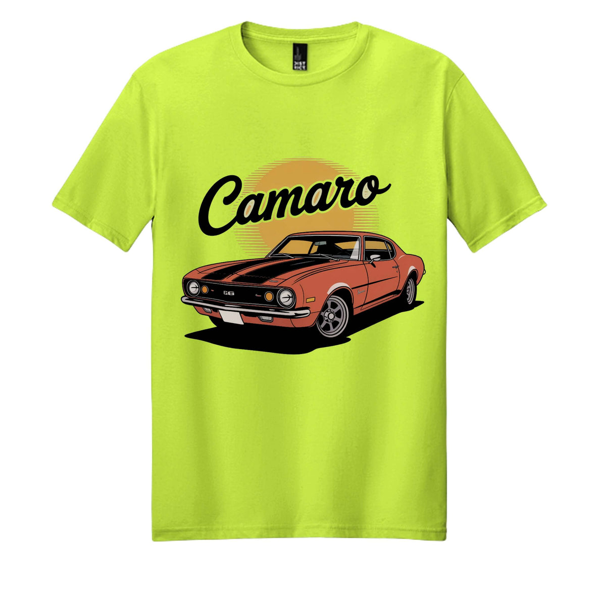 Camaro blend cotton tee in safety green featuring a vintage Camaro car graphic.