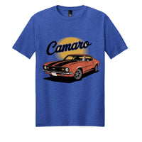 Camaro blend cotton tee featuring a vibrant illustration on a royal frost blue shirt.